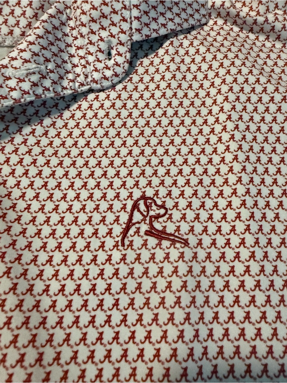 Rhoback Univ of Alabama Red and White XL stretch polo with All-Over 'A' Motif.